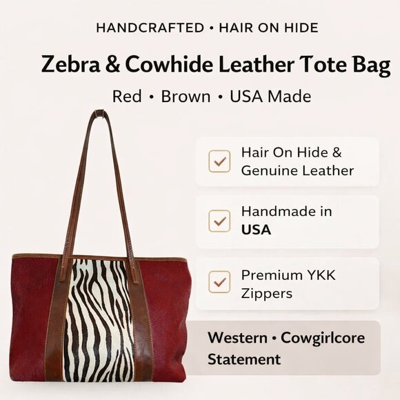 Hair-On Hide Cowhide Zebra Tote Bag Leather Red Brown Handmade USA